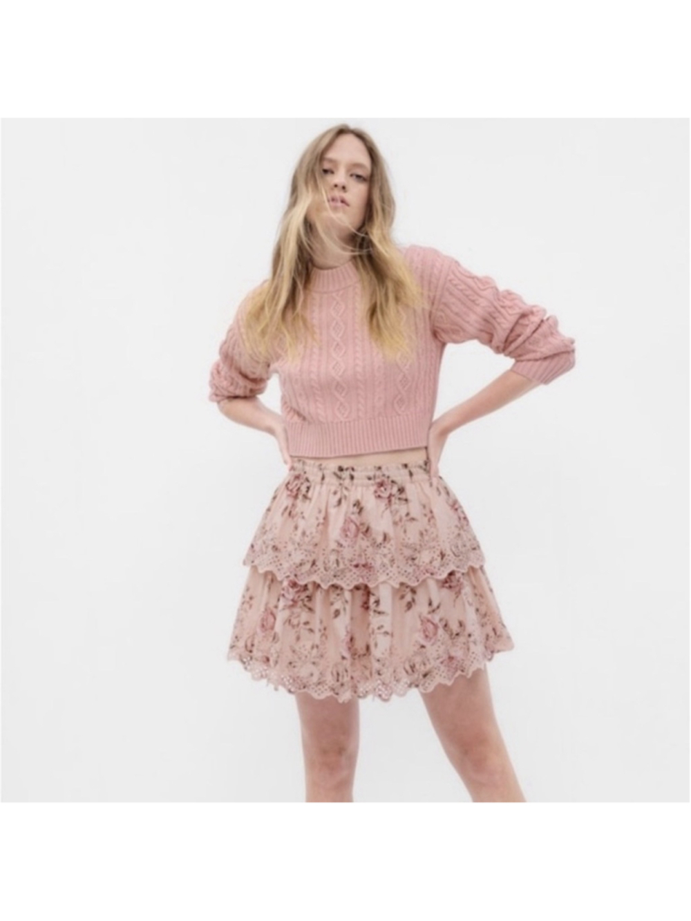 LoveShackFancy x GAP Pink Floral Tiered Mini Skirt Cotton Ditsy Medium Pull On